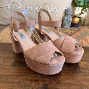 Prada Beige Suede Crisscross Platform Block Heel Sandals EU39